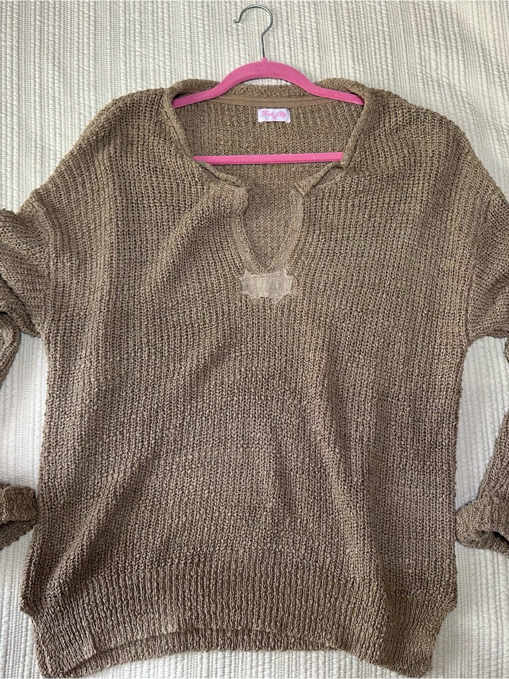 Pink Lily V-Notch Knit Sweater in Tan Cuffed Sleeve Oversized Sweater